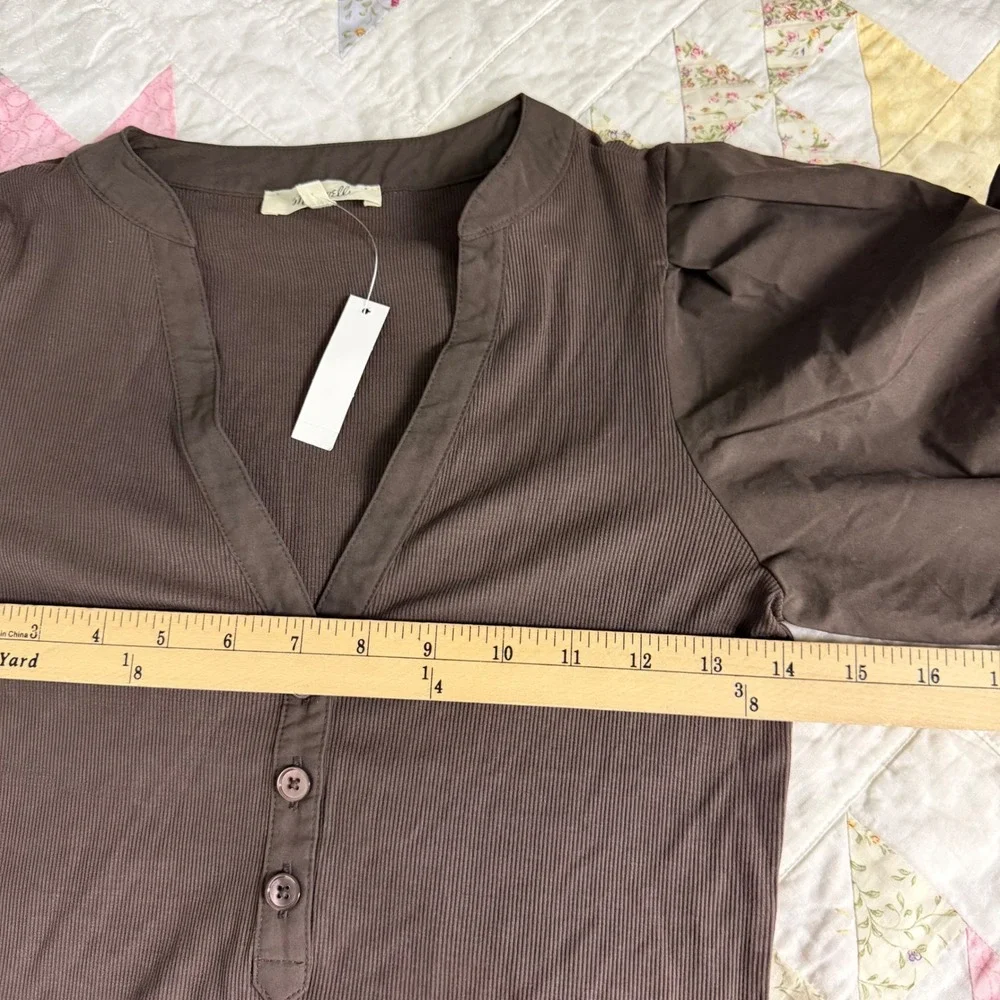 NEW Madewell Brown Ribbed Puff Sleeve Henley Top NW195 XS